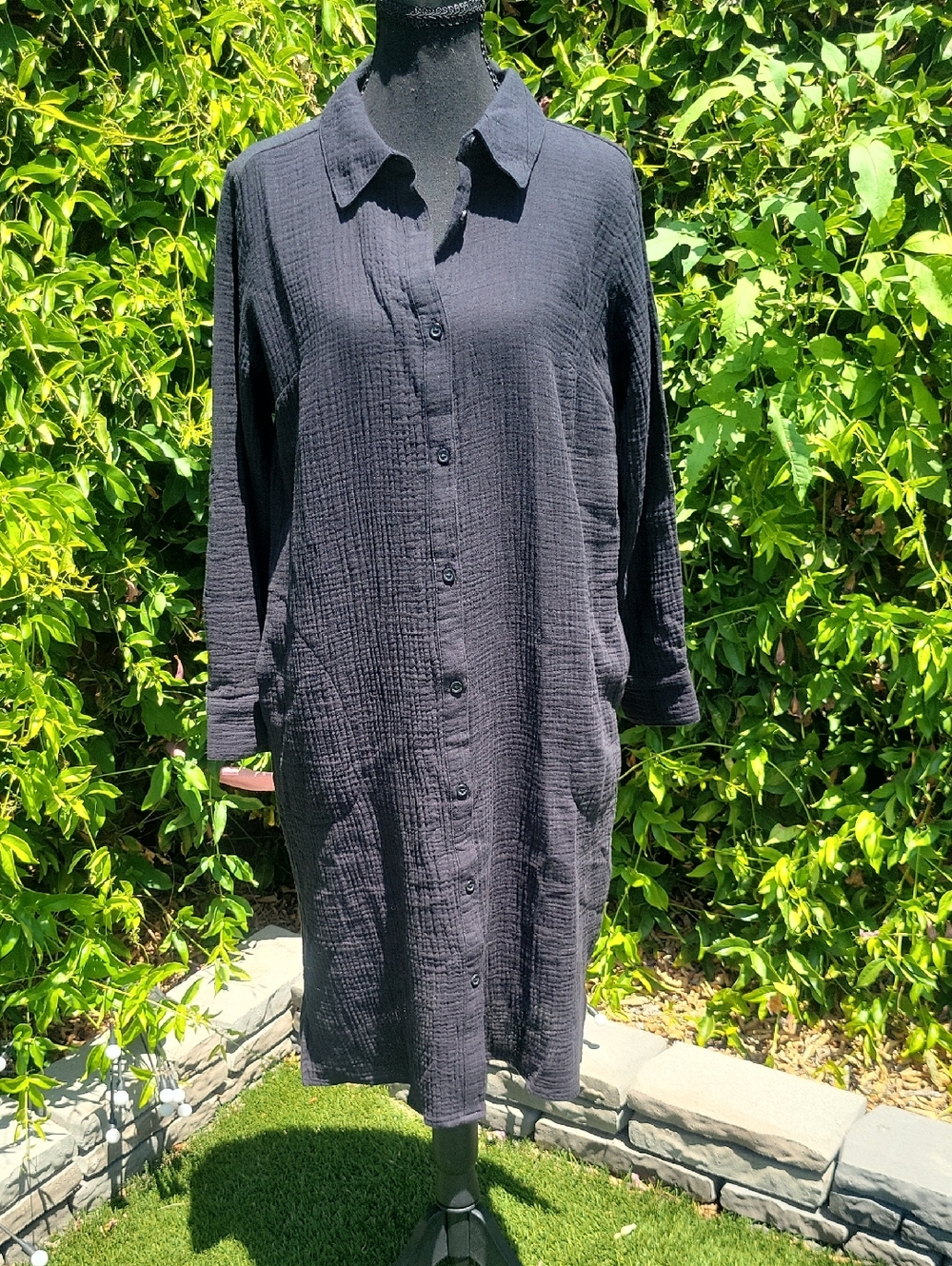 Black 100% Cotton Button-Down Swim Coverup Cotton Dress